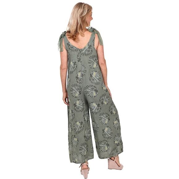 Women’s Small 100% Linen Olive Print Wide Jumpsuit Shoulder Bows Boho Lagenlook - Picture 4 of 16